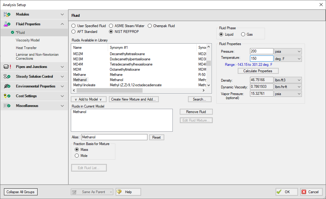 The Fluid panel in Analysis Setup with the NIST REFPROP database selected.